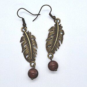 Handmade Feather And Sesame Jasper Earrings bronze tone pierced earwire
